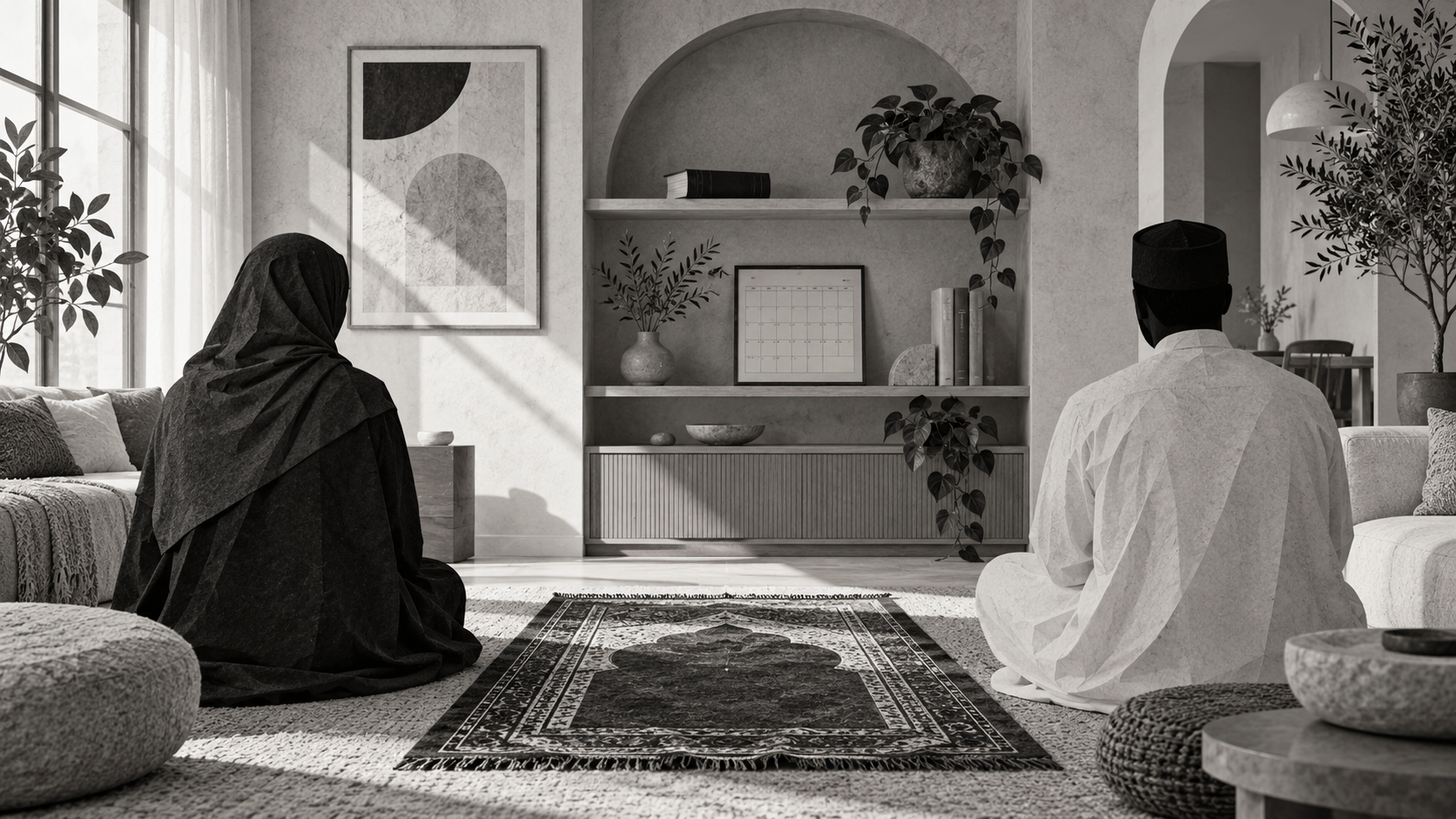 Black-and-white editorial image of a Muslim couple sharing responsibility for faith at home