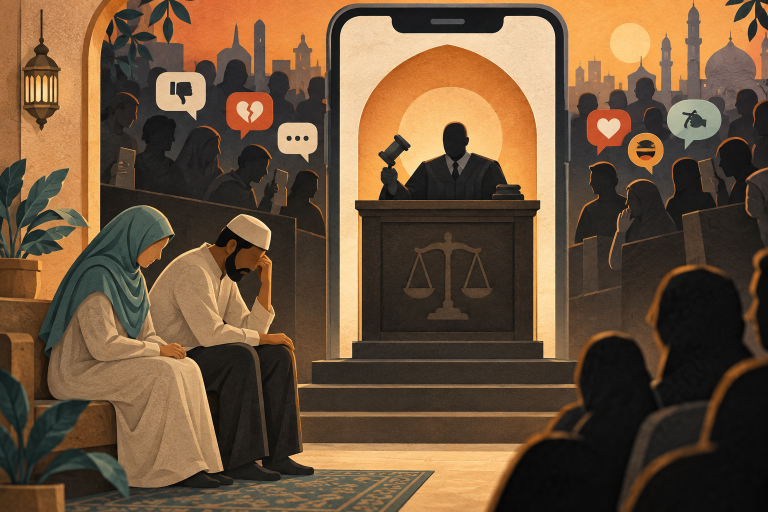 زوجان مسلمان أمام محكمة رقمية ترمز إلى نشر الخلافات الزوجية على السوشيال ميديا