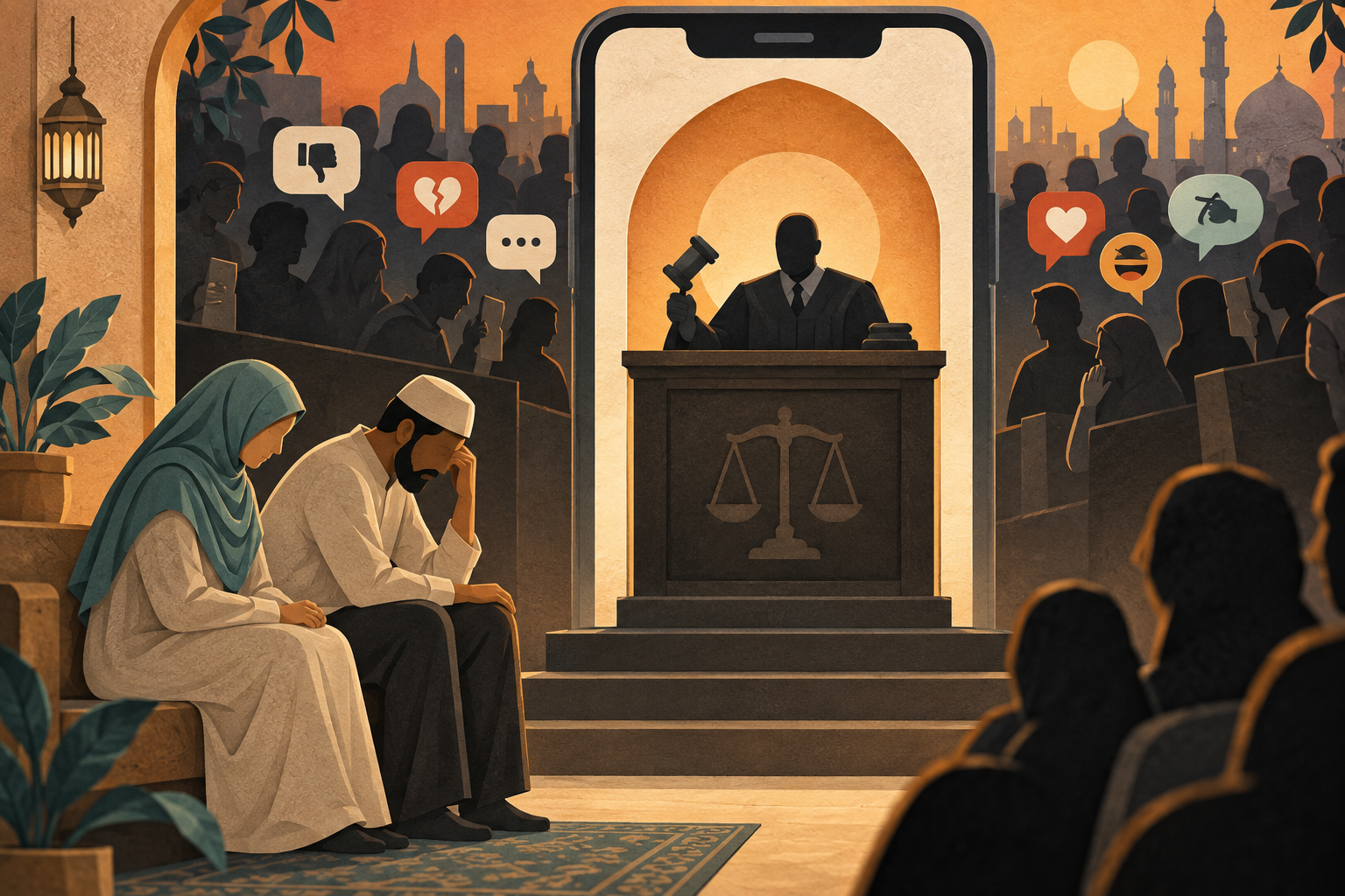 زوجان مسلمان أمام محكمة رقمية ترمز إلى نشر الخلافات الزوجية على السوشيال ميديا