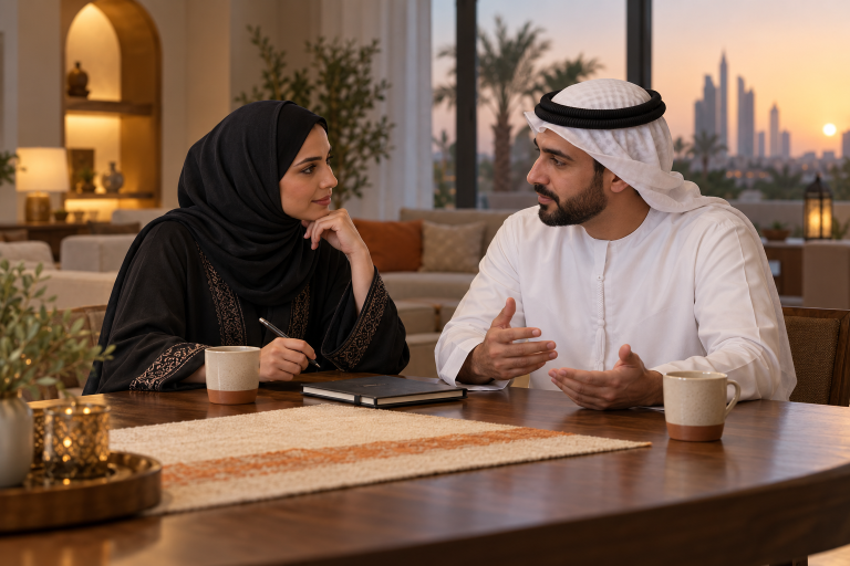 زوجان خليجيان يناقشان المسؤوليات المالية داخل الأسرة