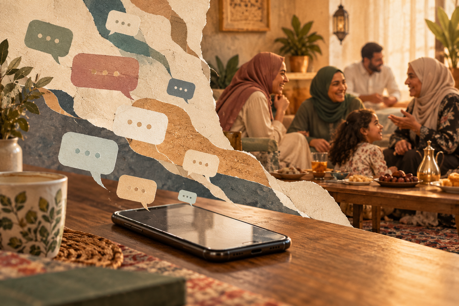 Family conversation with a phone and message icons