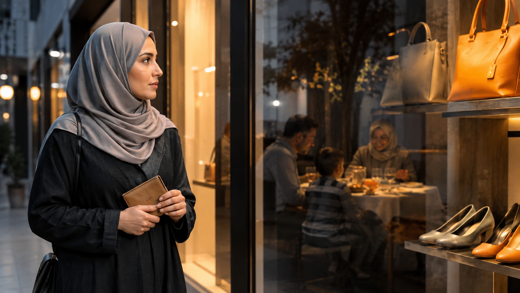 امرأة محجبة تتأمل واجهة متجر بينما تنعكس أسرة مجتمعة خلف الزجاج