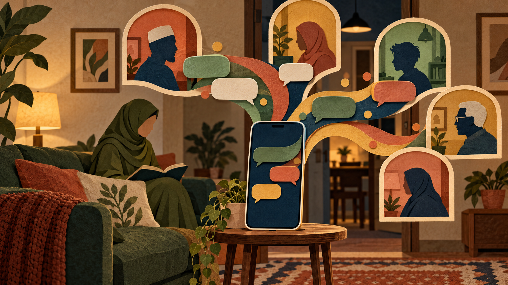 Layered illustration of a family group chat connecting relatives with respectful boundaries
