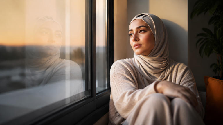 امرأة محجبة تتأمل رحلة التعافي النفسي في ضوء الصباح